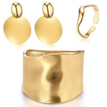 Imagem de Misdary Conjunto de 3 peças de pulseiras de ouro e brincos para mulheres, pulseiras banhadas a ouro, pulseira larga e grossa de ouro, brincos de gota de disco grande, anel empilhável, presente de