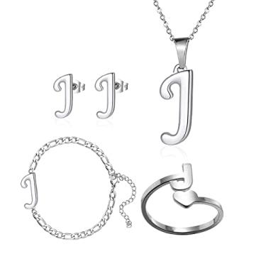 Imagem de Loqimu Pacote com 4 conjuntos de joias iniciais de aço inoxidável para mulheres, anéis de prata, brincos, colar com pingente, gargantilha, corrente, brincos de orelha, presente para meninas