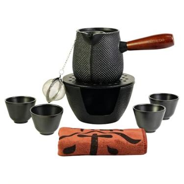 Imagem de SECHUDO Conjunto de bule de chá de ferro fundido de 600 ml, chaleira japonesa para fogão sem tampa, conjunto de chá de 600 ml com xícaras de chá de aço inoxidável e aquecedor de chá de ferro fundido,
