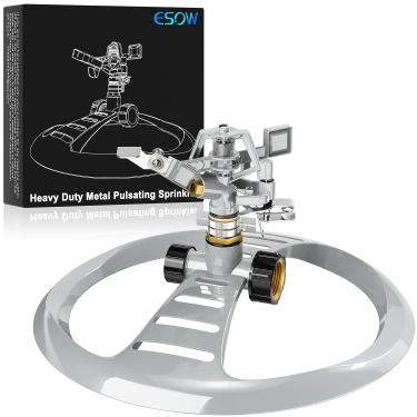 Imagem de ESOW Aspersor pulsante de metal com base de metal, irrigador de gramado de jardim com rotação de 360 graus, metal de zinco resistente com padrão de pulverização ajustável