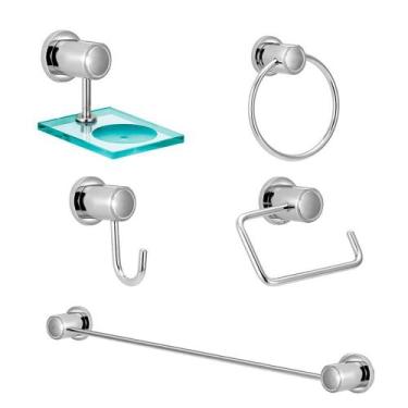 Imagem de Kit Acessórios De Banheiro 5 Peças Metal e Vidro Linha Luxo - TFC