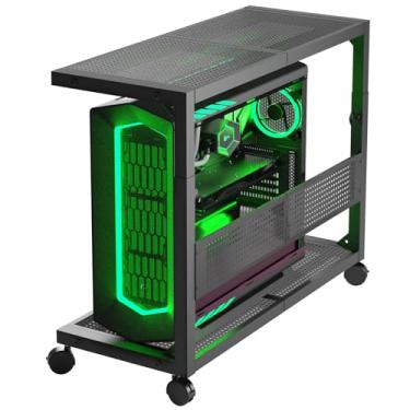 Imagem de Moricher Suporte de torre de computador – Suporte de PC ATX de 2 níveis ajustável em altura para piso para impressora de chão com rodas e mousepad para acessórios de jogos de escritório em casa