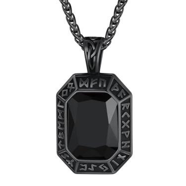 Imagem de ChainsHouse Colar com pingente de runa viking para homens e mulheres, punk motociclista preto metal/aço inoxidável 316L ônix nórdico vintage amuleto com pedra preciosa preta/vermelho/verde/azul, caixa