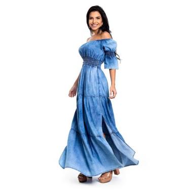 Imagem de Vestido Ciganinha Longo Jeans  Com Lastex E Fenda - Restrito Jeans, 36