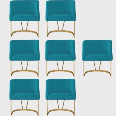 Imagem de Kit 07 Poltrona Cadeira Aurora Luxo Confort Industrial Ferro Dourado Suede Azul Turquesa - Ahz Móveis