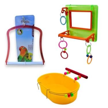 Imagem de 3 Brinquedos Balanço Banheira e Espelho Para Calopsitas Agapornis Periquitos