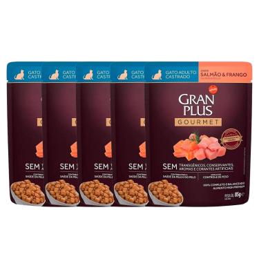 Imagem de Kit 5 Rações Úmidas Gran Plus Sachê Gatos Gourmet Castrados Salmão e Frango