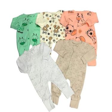 Imagem de Kit Macacão Estampado Malha Suedine 4 Peças Vira Pé Com Zíper - Pequen