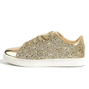 Imagem de LUCKY STEP Tênis com glitter com cadarço | Tênis fashion | Sapatos brilhantes para mulheres, Todo dourado., 8.5