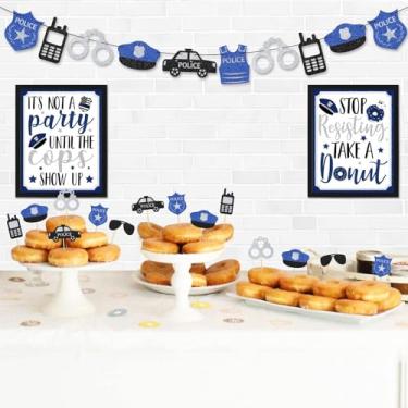 Imagem de Levfla Officer Donut Bar Decoration Kit Police Banner Party Until The Cops Shown Up Table Sign Doughnut Dessert Food Topper for Graduation Birthday Retirement Anniversary Party Favor Ideas Supplies 27pcs