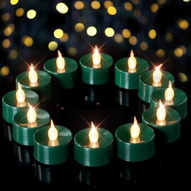 Imagem de merrynights Velas de LED verdes, pacote com 12 velas de chá operadas a pilhas, velas de chá sem chama, luzes de chá realistas para decoração de festa de Natal de Halloween, carnaval