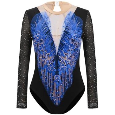 Imagem de IBAKOM Collant feminino de ginástica rítmica, manga transparente, flor, lantejoulas, figura adolescente, body com recorte nas costas, bailarina e dança, Azul royal, PP