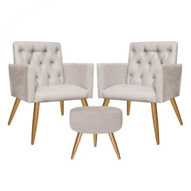 Imagem de Kit 2 Poltronas E Puff Redondo Nina Capitonê Pé Palito Tecido Sintético Bege - Amey Decor