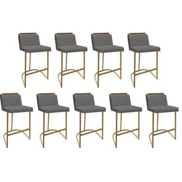Imagem de Kit 09 Banquetas Com Encosto Confort Bistrô Cozinha Ferro Dourado Corino Cinza Amey Decor