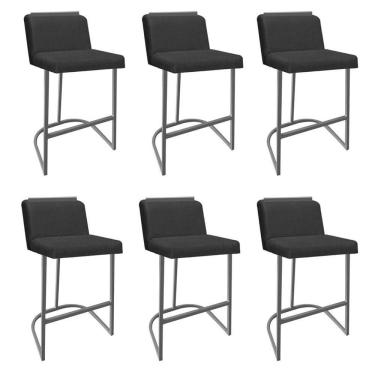 Imagem de Kit 06 Banquetas Com Encosto Confort Bistrô Cozinha Ferro Cinza Linho Grafite Chumbo Amey Decor