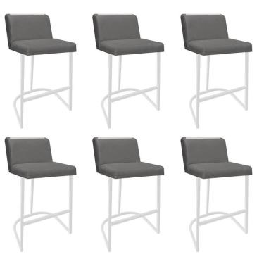 Imagem de Kit 06 Banquetas Com Encosto Confort Bistrô Cozinha Ferro Branco Suede Cinza Amey Decor