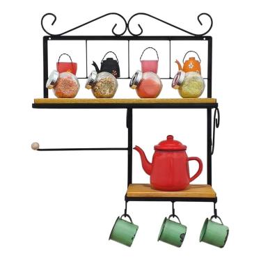 Imagem de Prateleira De Cozinha Rustica Com Porta Papel Toalha Modelo Panelinhas