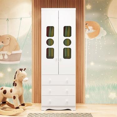 Imagem de Guarda-roupa Infantil 61,7cm 2 Portas 3 Gavetas Com Janelas Sem Pés Ezra 100% Mdf Espresso Móveis Branco