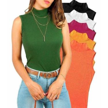 Imagem de blusa feminina gola alta manga cavada malha canelada estilo fashion - 