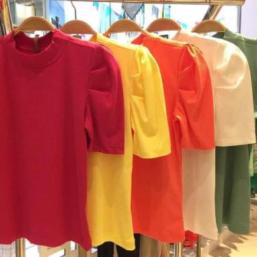 Imagem de Blusa feminina gola alta manga curta princesa bufante malha canelada m