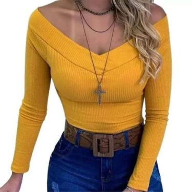 Imagem de blusa feminina ombro a ombro manga longa malha canelada tendência blog