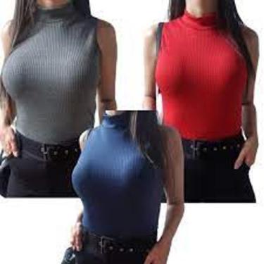 Imagem de Blusa feminina gola alta manga cavada malha canelada - Filo modas, Ver