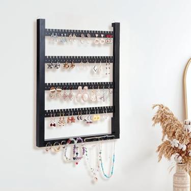 Imagem de humberboat Organizador de joias de madeira maciça para pendurar na parede, organizador de brincos e suporte de colar - exibição de brincos para pregos, pendurados, colar, pulseira e anéis - cor preta