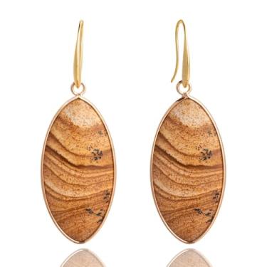 Imagem de Brincos de gota turquesa natural, brincos ovais alongados de ouro, joias pendentes de turquesa para mulheres, brincos de pedra preciosa feitos à mão, Large, Cristal Pedra Pedra preciosa, Ametista