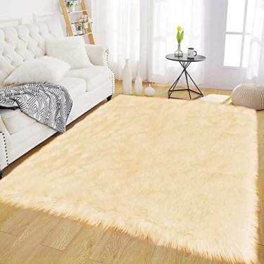 Imagem de Latepis Tapete felpudo amarelo para quarto, 10 x 15 cm, lavável, pele de carneiro sintética, para decoração de sala de estar, retangular