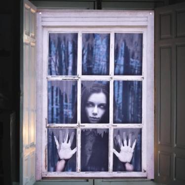 Imagem de Decoração de janela de Halloween, 129 x 80 cm, cortina de caveira de terror, decoração de pôster, para janela de Halloween, decoração de festa de Halloween, ambientes internos e externos