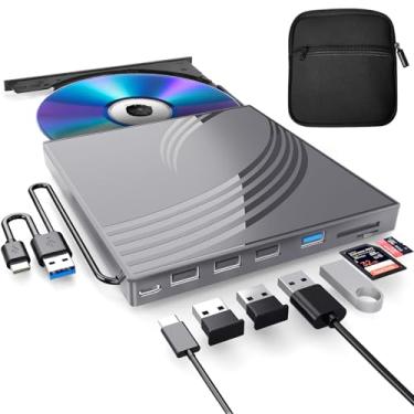Imagem de Unidade externa de CD/DVD para laptop, gravador de CD ultrafino hub USB 3.0 com 4 portas USB, 2 compartimentos para cartão TF/SD, 1 porta tipo C, leitor de DVD para laptop com capa (cinza)