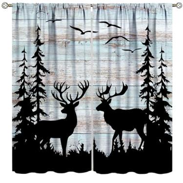 Imagem de Cortinas rústicas de cervo, decoração vintage de madeira para quarto, sala de estar, cozinha, janela, 2 painéis, conjunto de 2 painéis, tamanho total 107 cm L x 114 cm C