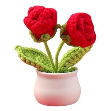 Imagem de JWlock Mini vaso feito à mão - flores artificiais de crochê tricotadas à mão para mesa de escritório, painel de carro e mesa de casa - Presente de planta sintética minúscula, sem manutenção (vermelho)