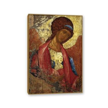 Imagem de SDYJ6GSW Andrei Rublev Arte de parede em tela São Miguel Arcanjo giclée pinturas em tela reprodução decoração de parede religiosa para quarto sala de estar 60 x 40 cm (24 x 16 pol) moldura teca