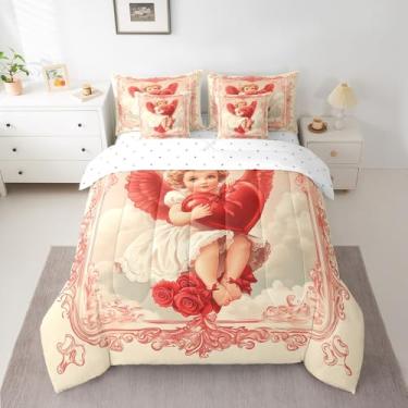 Imagem de Feelyou Conjunto de edredom vintage de anjo com 7 peças, anjo vintage, para crianças, meninos, meninas, vermelho, amor, coração, em uma bolsa, arte romana antiga