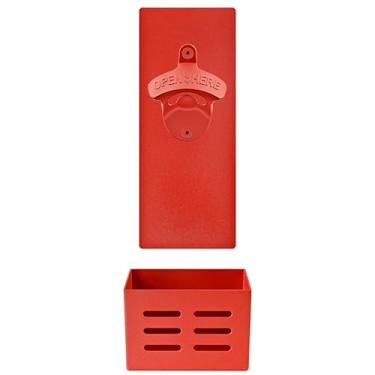 Imagem de HAIICEN Abridor de garrafa vermelho de parede magnético para garrafa de cerveja com captador de tampa para superfície de metal de geladeira