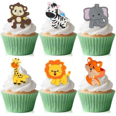 Imagem de 24 peças de enfeites de cupcake de animais da selva tema floresta anel de cupcake leão macaco zebra raposa girafa elefante topo de bolo para aniversário chá de bebê Oh lembrancinha de festa de bebê