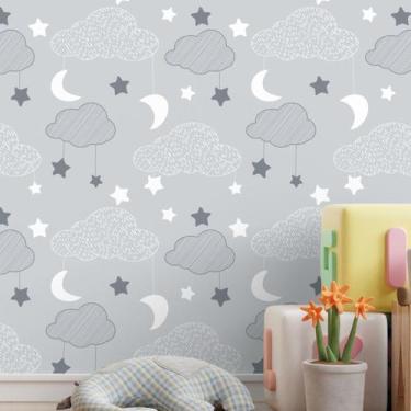 Imagem de Papel De Parede Adesivo Infantil Céu Estrelas Cinza 1.5m - DELIQUADROS