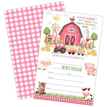 Imagem de Geuro Convite de festa de aniversário de animais de fazenda celeiro com envelopes para meninas, meninos e adolescentes, crianças convidadas de animais de fazenda modernos, conjunto com 20 (rosa
