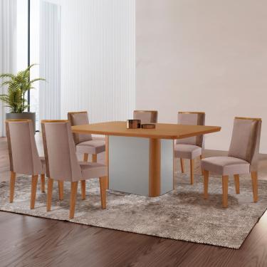 Imagem de Mesa de Jantar Isadora 180cm Tampo Canto Copo MDF Laminado com 6 Cadeiras Diane - Linho Capuccino/tork/nat/off White