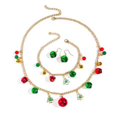 Imagem de Árvore de Natal Vermelho Verde Jingle Bells Ball Charm Colar Pulseira Brincos Pendentes para Mulheres Banhado a Ouro Bonito Gancho Pingente Pingente Corrente Gargantilha Conjunto de Joias Meia