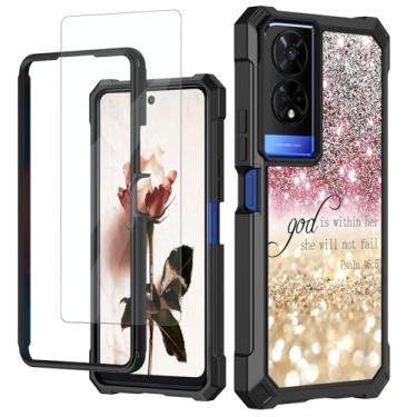 Imagem de RAUEDWDJS Capa para TCL 50 XE 5G com protetor de tela temperada, PC rígido resistente e TPU macio à prova de choque, capa protetora para celular para TCL 50 XE, glitter rosa Psalm 46:5