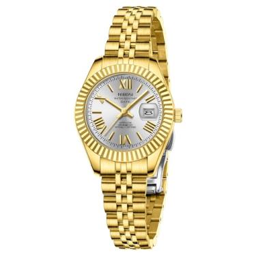 Imagem de NIBOSI Relógios femininos analógicos de quartzo à prova d'água com data, relógio de pulso delicado, moderno, de aço inoxidável, para pulsos pequenos, vestido feminino elegante, Dourado, branco