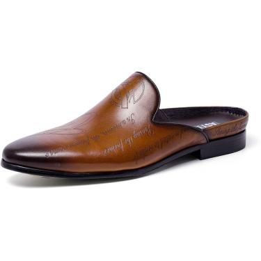 Imagem de Chinelos masculinos de couro genuíno da moda verão casual salto aberto mocassins planos polidos dedo fechado slides sapatos sociais formais, marrom, 11 Reino Unido