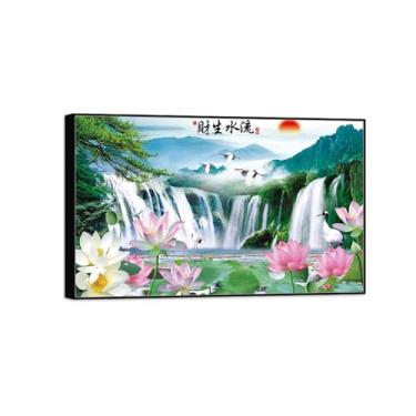 Imagem de BMZFYBS Impressão em tela de paisagem - Cachoeira Lótus - Natureza Arte de parede Imagem Chinoiserie - Pôster de decoração de moldura preta 80 x 130 cm 31 x 51 pol