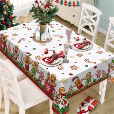 Imagem de Livcoz Toalha de mesa retangular de Natal para homem de gengibre 152 x 213 cm, toalha de mesa de jantar decorativa de Natal com flocos de neve dourada, toalha de mesa de jantar de férias de inverno