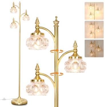 Imagem de JUNNAI Luminária de chão dourada, luminária de pé de árvore regulável para sala de estar, luminária alta de latão com 3 luzes giratórias, cúpula de vidro, lâmpada de canto moderna de 167 cm para