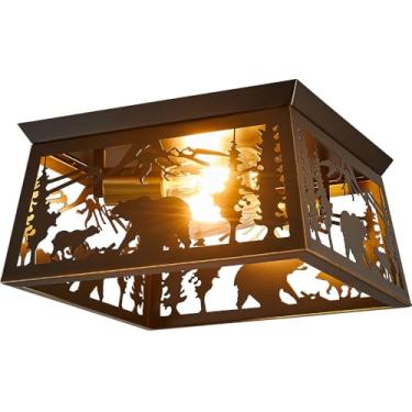 Imagem de Luminária rústica, luminária de teto com 2 luzes de montagem embutida para casa de fazenda, país de urso de metal para quarto hall de entrada, luzes de teto, lâmpadas E26, 31,8 cm