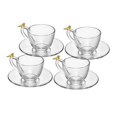 Imagem de Conjunto 4 Xícaras E Pires Birds Gold 180Ml Chá Café Pássaro - Wolff