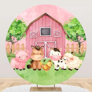 Imagem de Yeele 2,2 x 2,2 m de desenho animado celeiro de fazenda cenário redondo de madeira rosa cerca de celeiro árvore animais porco vaca cavalo fazenda fotografia fundo para chá de bebê recém-nascido